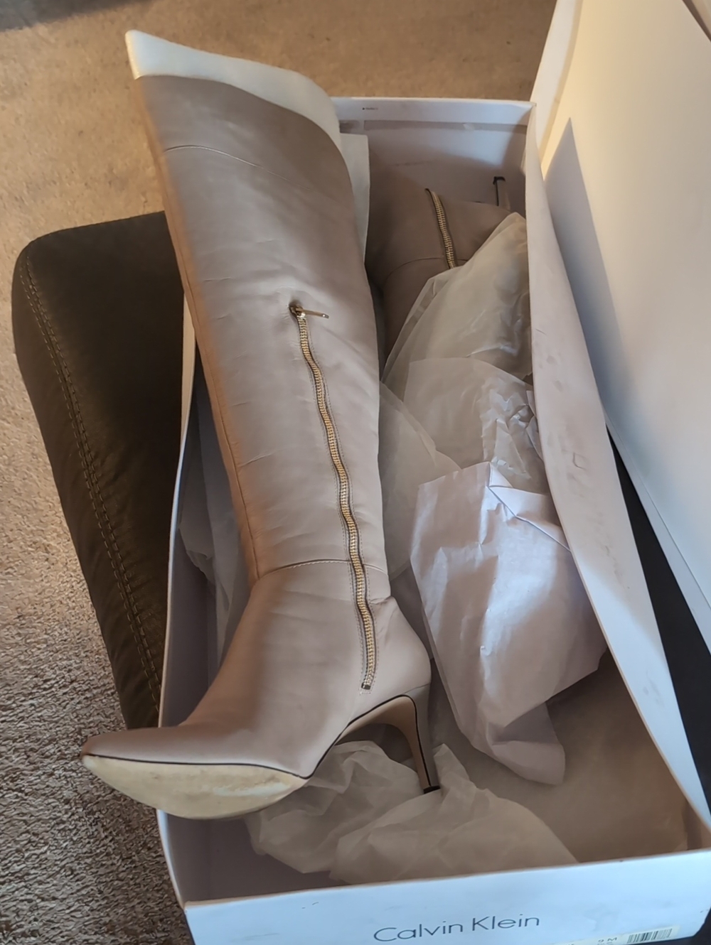 Calvin Klein Taupe Knee-High Stiletto Boots with Gold Zip